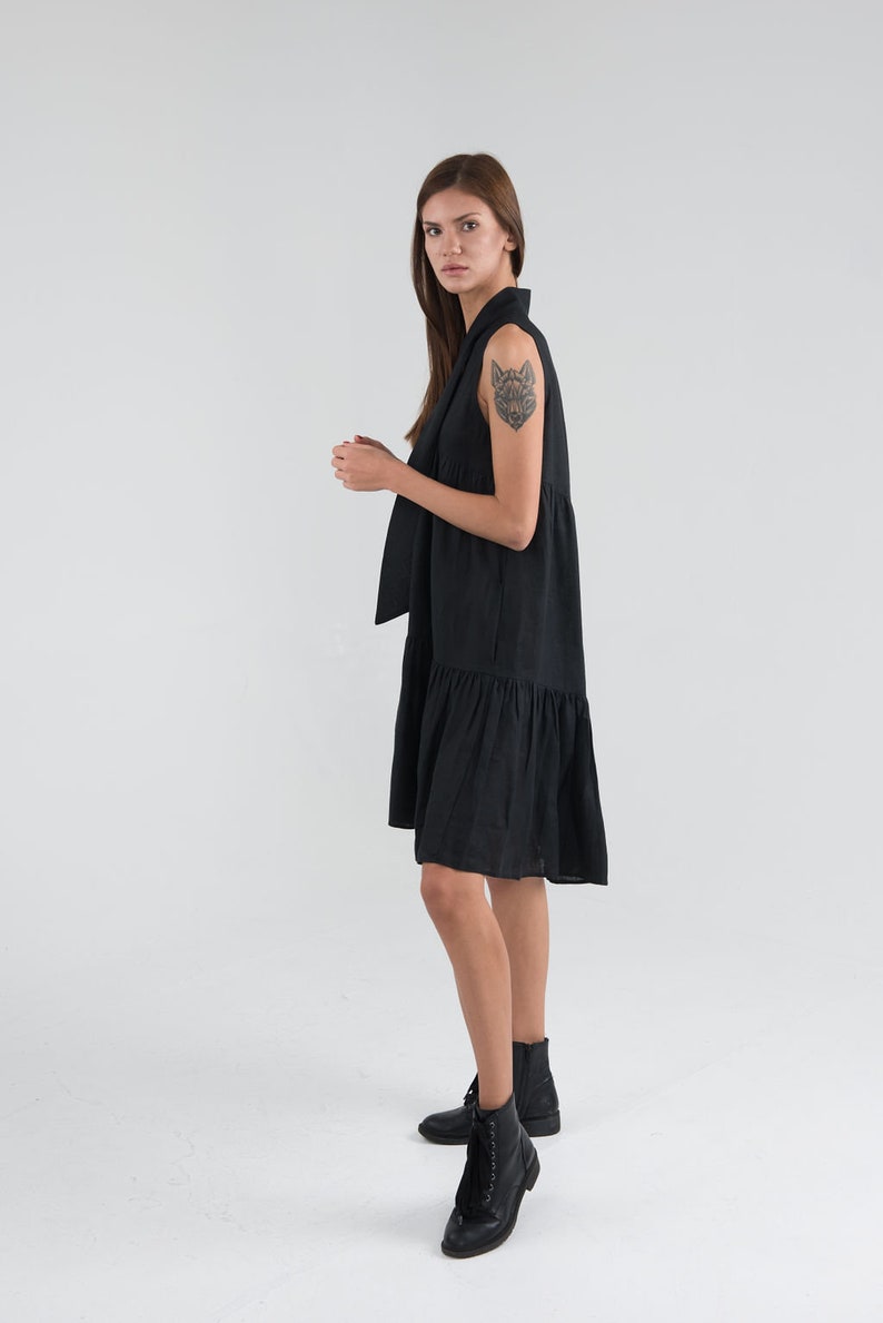 Pure Linen Black Short Dress. Sleeveless Summer Linen Dress. image 7