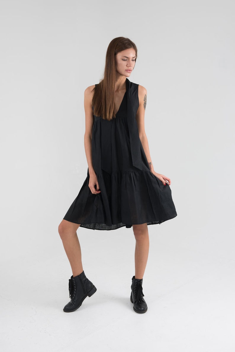 Pure Linen Black Short Dress. Sleeveless Summer Linen Dress. image 8