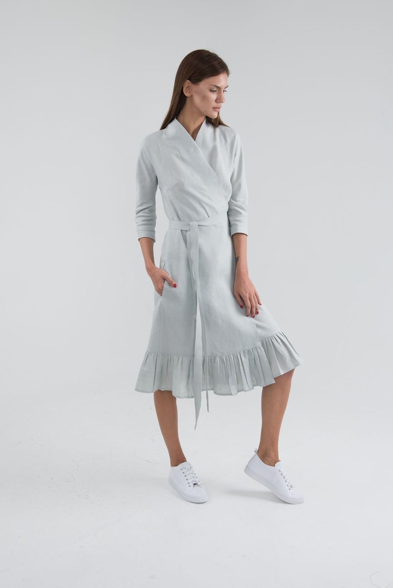 Pure Linen Wrap Dress. Ligth Grey Knee Length Linen Dress. Gusset cut dress. image 2