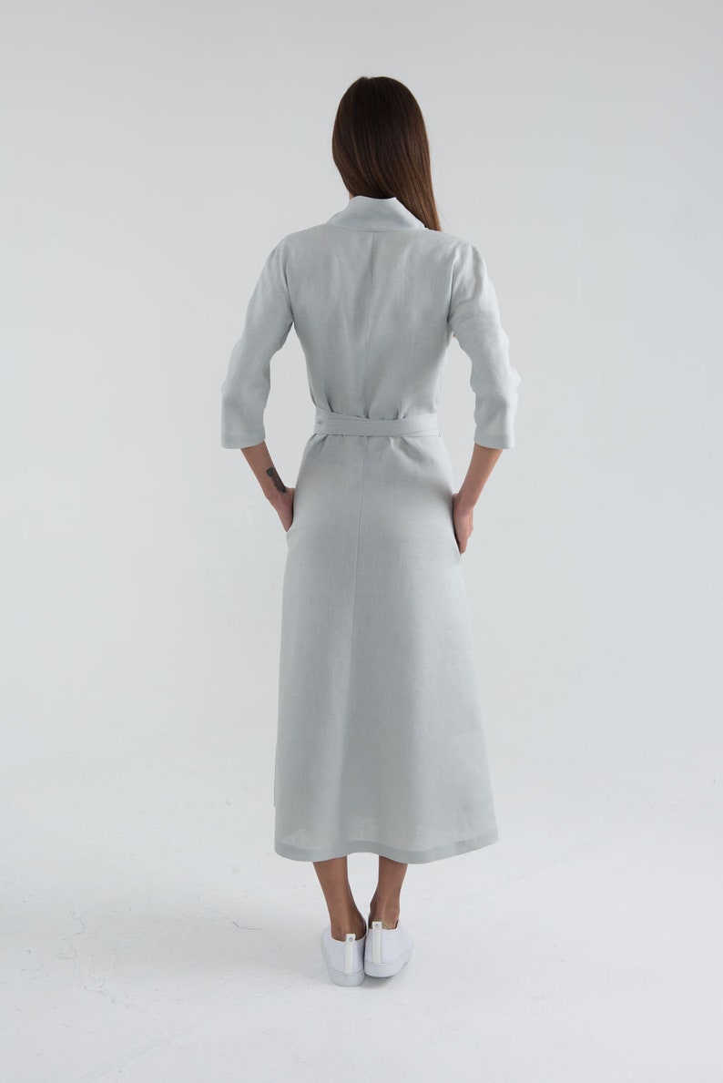 Gusset cut dress. Bright Blue Washed Linen Wrap Dress Summer Linen Outfit Long Summer Dress With Sleeves