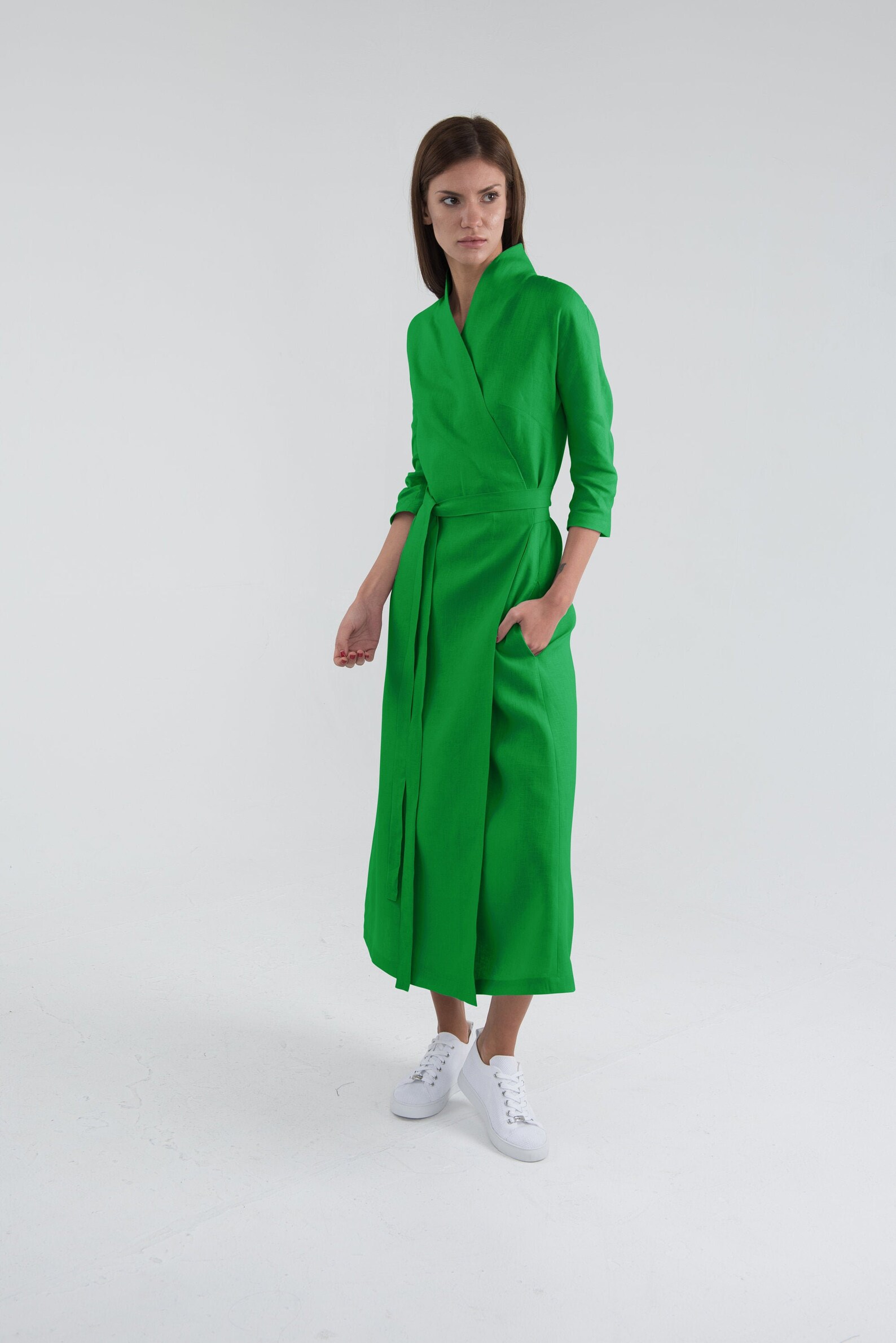 Pure Linen Green Wrap Dress. Long Summer Dress With Sleeves. Etsy UK