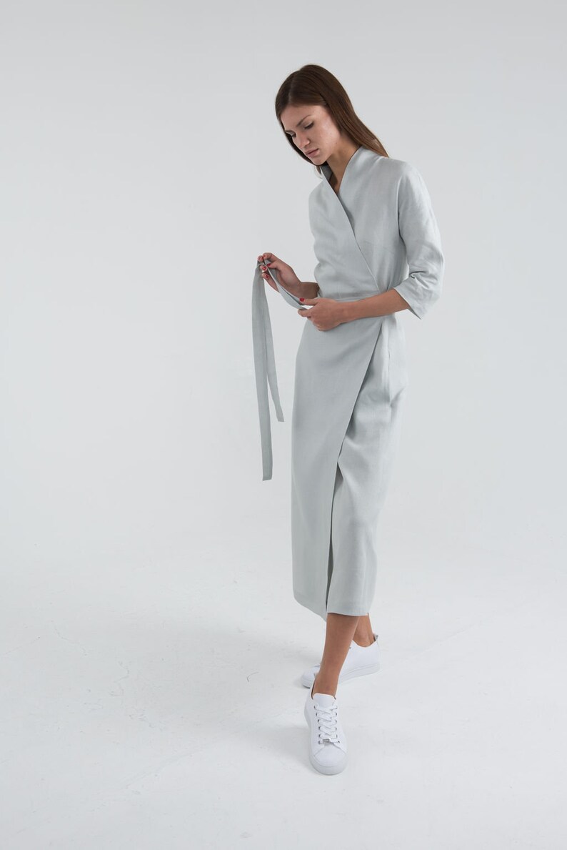 Gusset cut dress. Bright Blue Washed Linen Wrap Dress Summer Linen Outfit Long Summer Dress With Sleeves