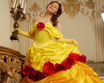 Belle. Belle Dresses adult. Cosplay Belle. Belle costume adult. Dress with red roses.Adult Belle cosplay costume.