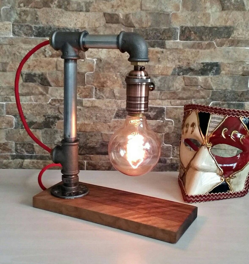 Handmade Steampunk walnut base Edison lamp rustic home decor wooden lamp Unique wood table lamp industrial lighting bedside lamp copper