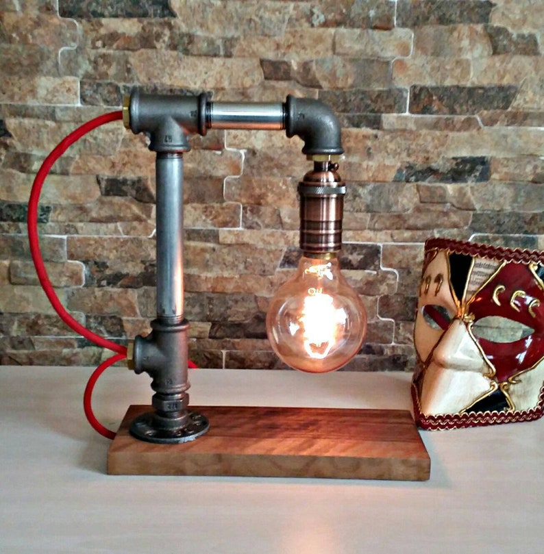 Handmade Steampunk walnut base Edison lamp rustic home decor wooden lamp Unique wood table lamp industrial lighting bedside lamp copper