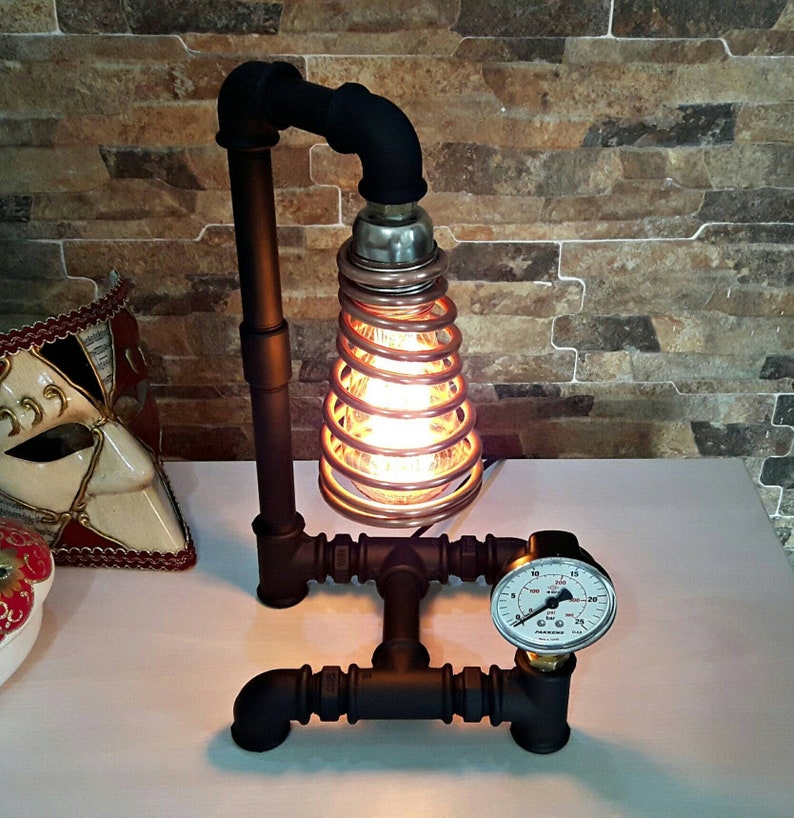INDUSTRIAL PIPE LAMP Edison lamp-Rustic home decor-Steampunk lamp-Unique table lamp-Industrial lighting Copper spiral lamp dimmer controled