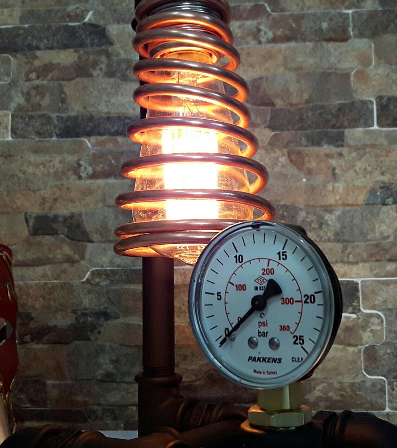 INDUSTRIAL PIPE LAMP Edison lamp-Rustic home decor-Steampunk lamp-Unique table lamp-Industrial lighting Copper spiral lamp dimmer controled