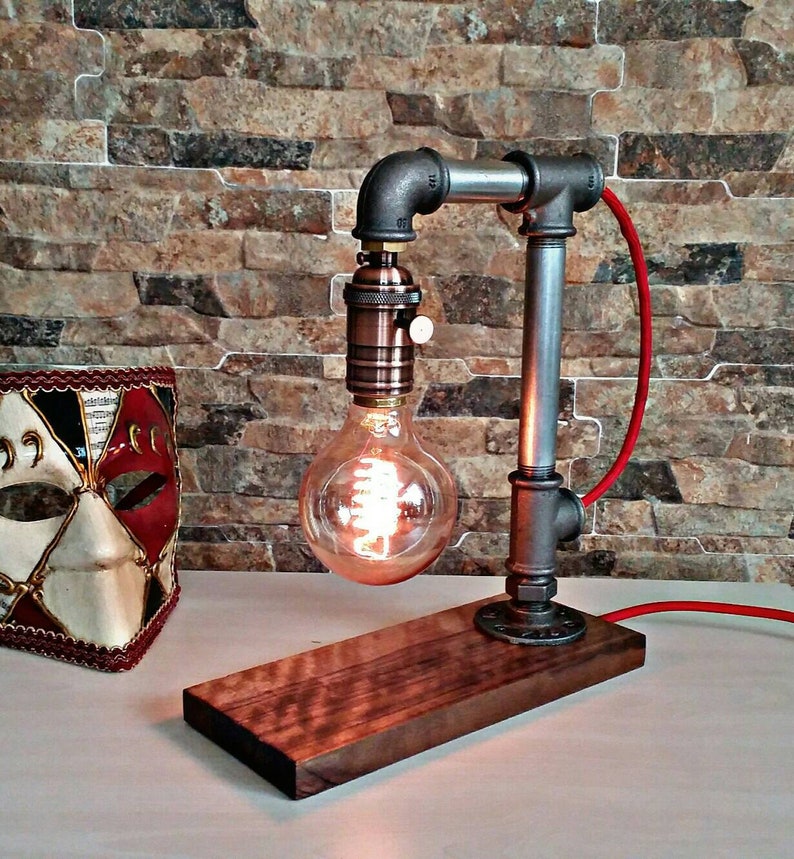 Handmade Steampunk walnut base Edison lamp rustic home decor wooden lamp Unique wood table lamp industrial lighting bedside lamp copper
