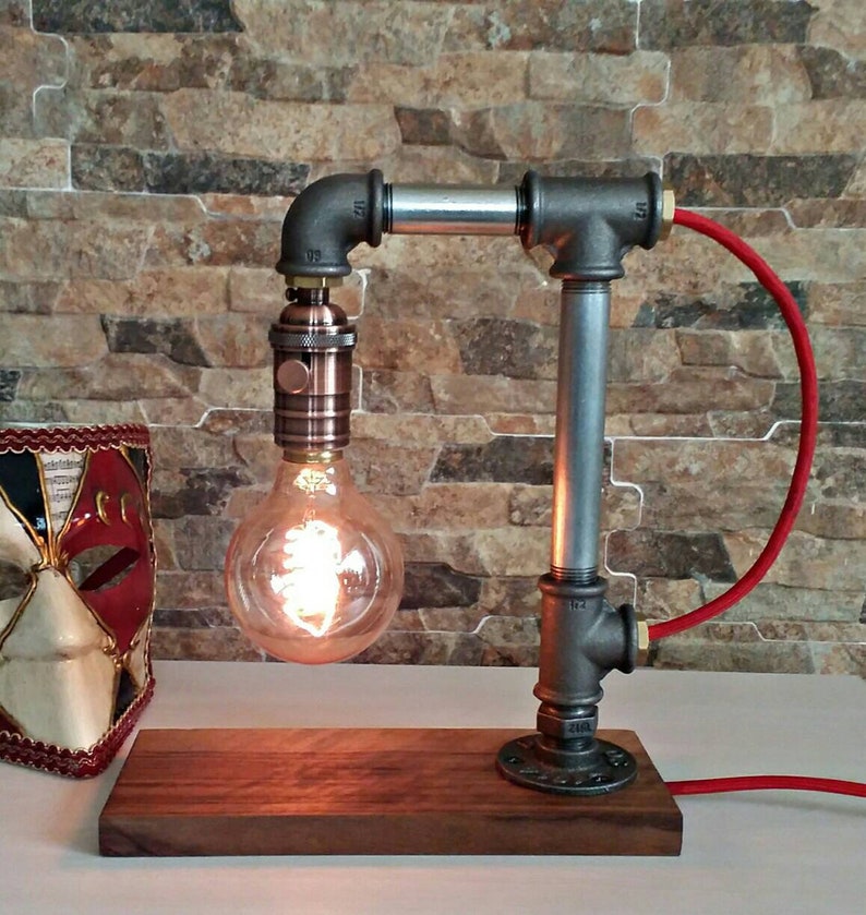 Handmade Steampunk walnut base Edison lamp rustic home decor wooden lamp Unique wood table lamp industrial lighting bedside lamp copper