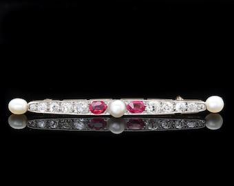 Antieke Edwardiaanse broche met diamant, parel en robijn, 15 kt goud, platina