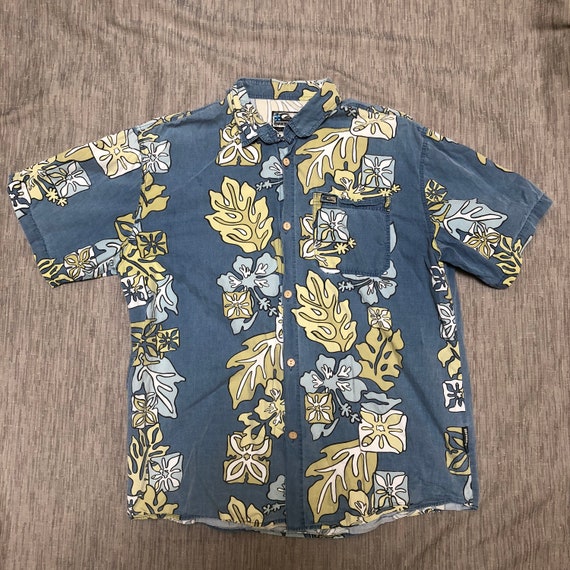 90 S Quiksilver Hawaiian Style Chemise Xl Bleu Plage De Surf Fleur Fleur Imprimé Floral