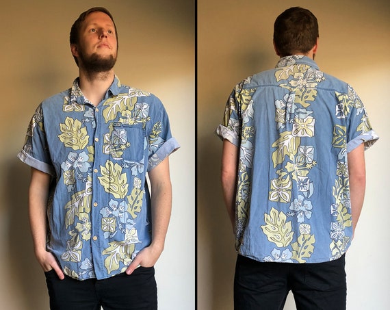 90 S Quiksilver Hawaiian Style Chemise Xl Bleu Plage De Surf Fleur Fleur Imprimé Floral