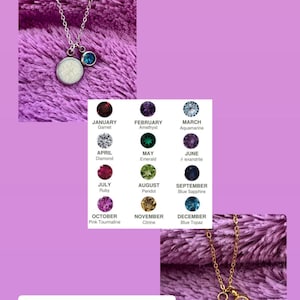 May include: A silver necklace with a white pendant and a blue gemstone, plus a chart of birthstones. The text reads "Optional Add-On: Birthstone Gem(s)" and "Just find the listing pinned on our shop & add to cart! We can add multiple gems on a necklace!"