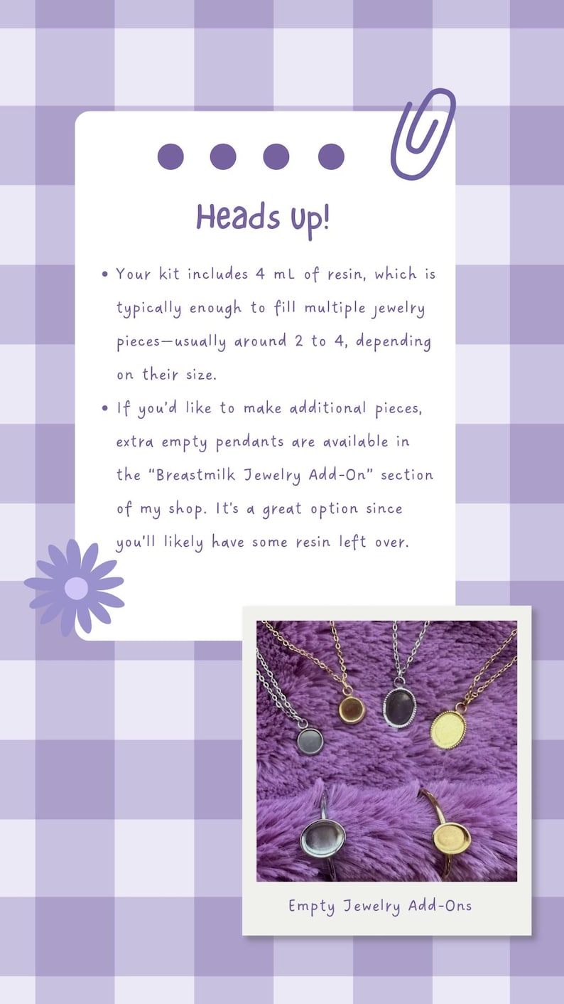 May include: Image features several necklaces with different pendant shapes and colors, displayed on a purple, fuzzy surface. The text "Heads Up!" and "Empty Jewelry Add-Ons" are also visible.