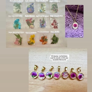 May include: Image features a selection of birth flower pendants and a necklace. The text reads "Optional Add-On: Birth Flowers" and lists flowers by month. The bottom text says "Just find the listing pinned on our shop & add to cart!"