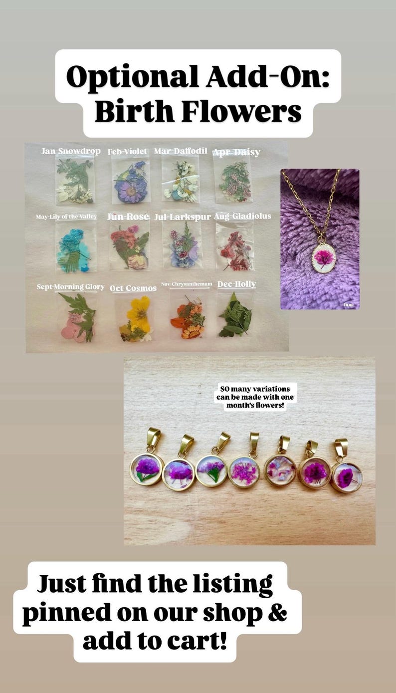 May include: Image features a selection of birth flower pendants and a necklace. The text reads "Optional Add-On: Birth Flowers" and lists flowers by month. The bottom text says "Just find the listing pinned on our shop & add to cart!"