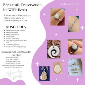 May include: A kit for breastmilk jewelry making, including preservation powder, syringe, mixing tools, and resin. The image also shows examples of finished jewelry: rings, pendants, and a bracelet. The text reads "Breastmilk Preservation Kit WITH Resin."