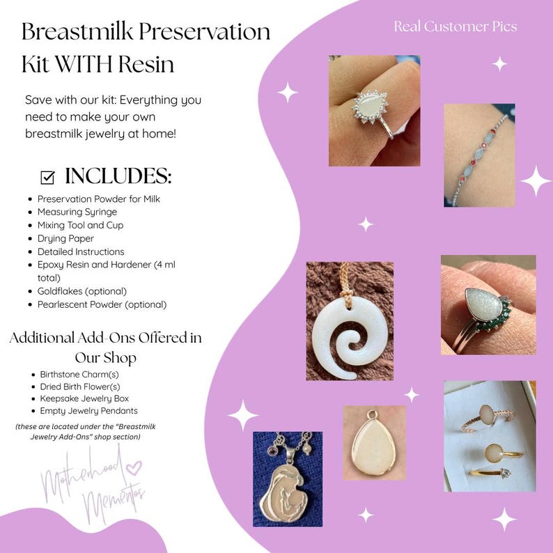 May include: A kit for breastmilk jewelry making, including preservation powder, syringe, mixing tools, and resin. The image also shows examples of finished jewelry: rings, pendants, and a bracelet. The text reads "Breastmilk Preservation Kit WITH Resin."