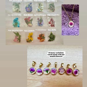 K&ouml;nnte beinhalten: Das Bild zeigt Geburtsblumenanh&auml;nger und eine Halskette. Der Text lautet "Optional Add-On: Birth Flowers" und listet Blumen nach Monat auf. Der Text unten lautet "Just find the listing pinned on our shop & add to cart!"