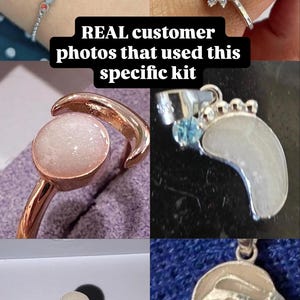 May include: A collection of jewelry pieces, including a bracelet with red and blue accents, rings with unique stone settings, and pendants. The image includes the text "REAL customer photos that used this specific kit."