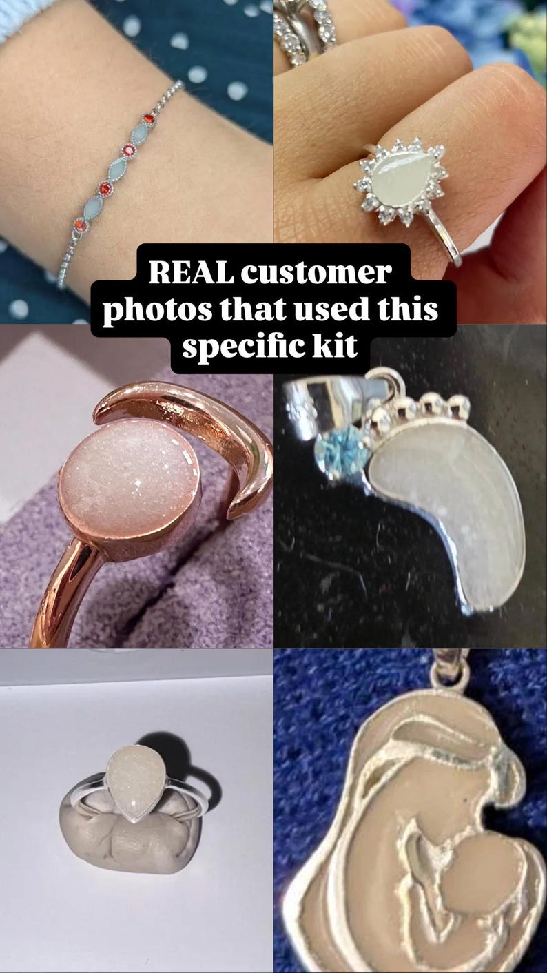 May include: A collection of jewelry pieces, including a bracelet with red and blue accents, rings with unique stone settings, and pendants. The image includes the text "REAL customer photos that used this specific kit."