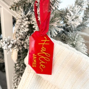 May include: A red gift tag with the name "Hallie James" in gold script, hanging from a red ribbon. The tag is attached to a white knitted stocking, with a snowy Christmas tree in the background.