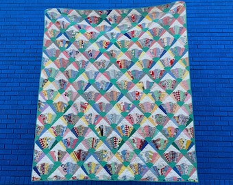 Throw quilt blanket - patchwork vintage antique fan scrap feed sack cloth hand quilted cottage core country