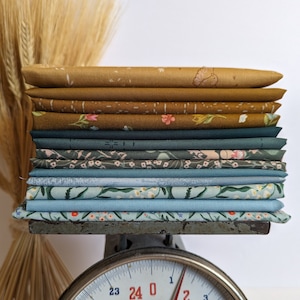 Fabric fat quarter bundle 13 piece quilting cotton - green blue sage brown caramel floral flowers vintage bird nature spring garden bloom