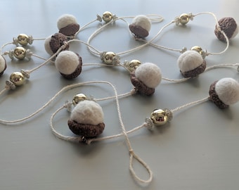 Felted acorn garland sparkle - simple rustic winter Christmas country decorations - twine white gold wool roving - donate to charity