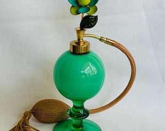 Irice (I W Rice) Green Glass Perfume Atomizer with Enameled Floral Top