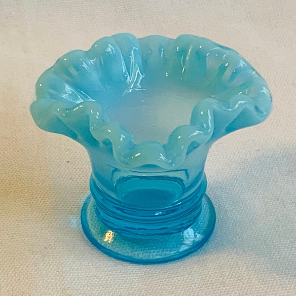 Fenton Blue Opalescent #37 Mini Vase or Toothpick Double Crimped Version 1940s