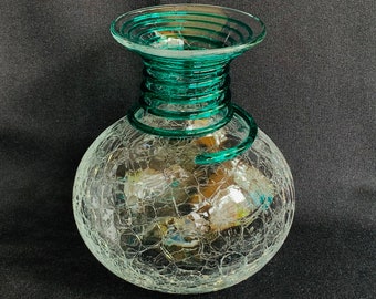 Blenko Art Glass No. 8318 Clear Crackle Vase with Green Threading