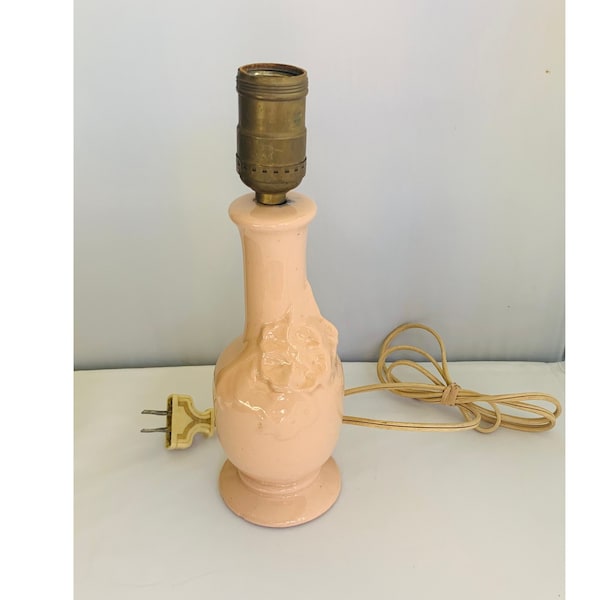 MCM Pink Ceramic Nightstand Lamp with Hibiscus or Pansy Motif