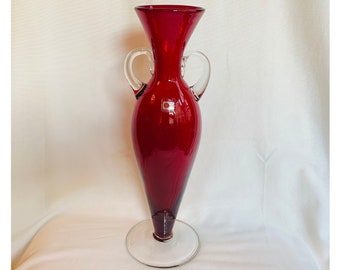 Blenko Art Glass No. 9622 Ruby Red Vase with Clear Handles and Foot