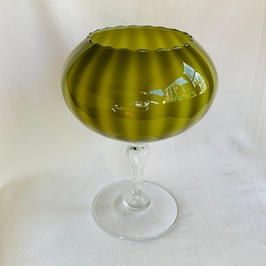 MCM Italian Empoli Green Ribbed and Cased Comport or Vase with Clear Foot