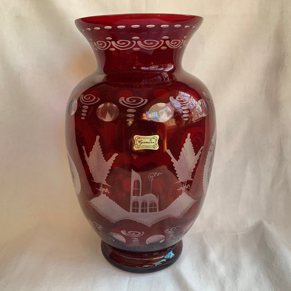 Egermann Czech Bohemian Ruby Cut Clear Vase with Bird and Castle Design