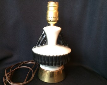 MCM Black & White Glazed Asian-Influenced Ceramic and Brass Table Lamp