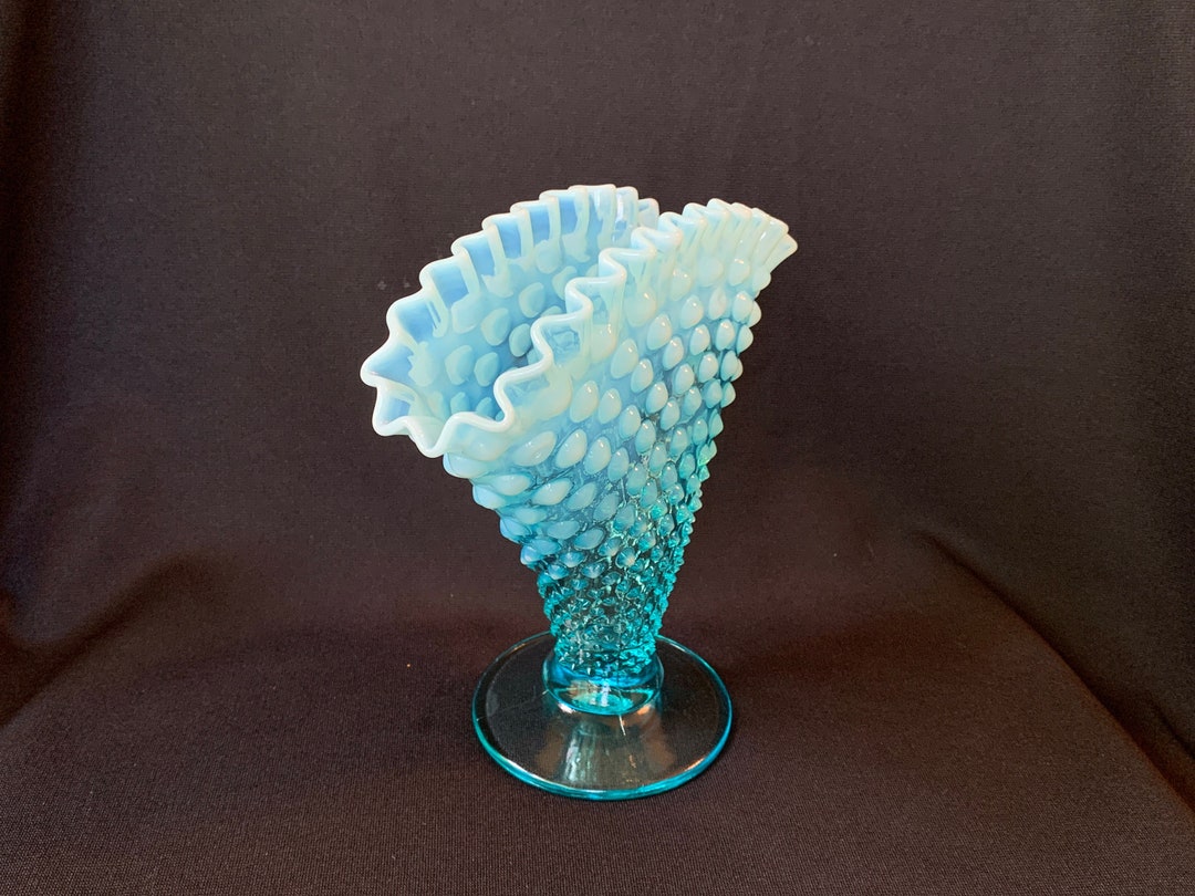 Fenton Art Glass Blue Opalescent Hobnail Crimped Fan Vase - Etsy