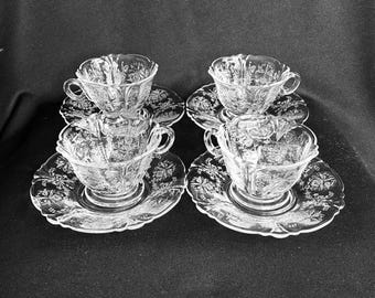 Heisey Glass Orchid Etched Queen Ann Cups & Saucers - Set of 4