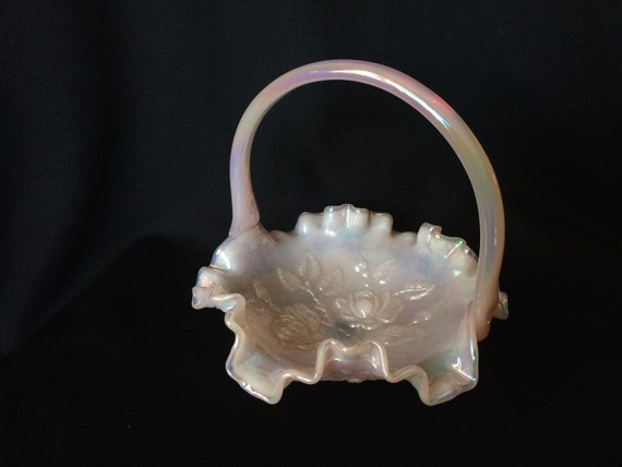 Fenton Art Glass Shell Pink Opalescent Iridized Basket or Vase | Etsy