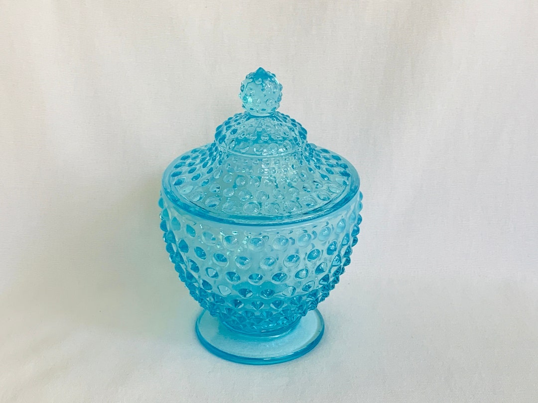 Fenton Art Glass Blue Opalescent Hobnail Candy Jar With Cover - Etsy