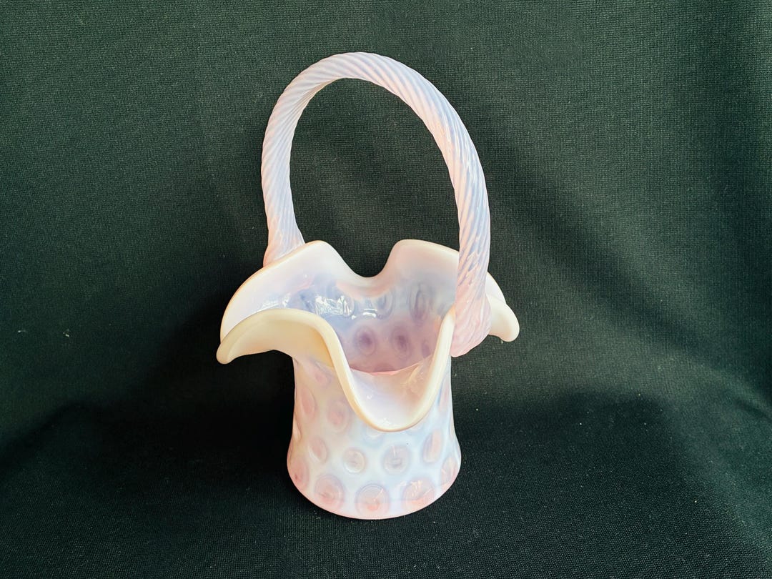 Fenton Art Glass Pink Opalescent Coin Dot Basket Vase With Twisted ...