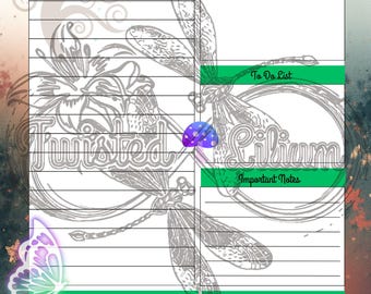 Può includere: Un blocco note Daily Plan con un design stravagante. Il blocco note include sezioni per gli obiettivi giornalieri, le liste di cose da fare e la pianificazione dei pasti. Il design presenta illustrazioni di libellule e farfalle, con il testo "Twisted Lilium" e "Daily Plan".