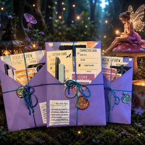 May include: Three purple envelopes tied with blue string and sealed with wax, each containing book review cards, character cards, and stationery. The envelopes feature labels with text like Book Review and Character Card, set in a forest scene.