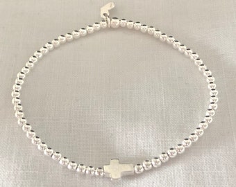 Silver beaded bracelet with cross, gifts for confirmation, gifts for first communion, 925 sterling silver, stretch bracelet, expandable