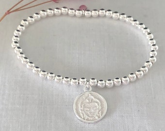 Silberperlenarmband mit Buddha, Silberarmband mit Anhänger, 925 Sterlingsilber, Stretcharmband, dehnbar, Geschenke zu Weihnachten, Freundin