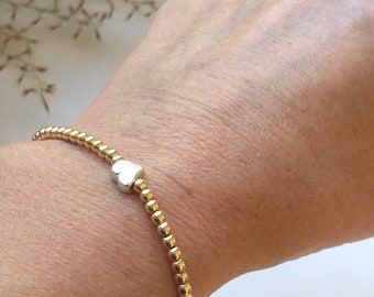 Ball bracelet gold plated with heart, 925 sterling silver, stretch bracelet, stretchable, gift for her, birthday gift,