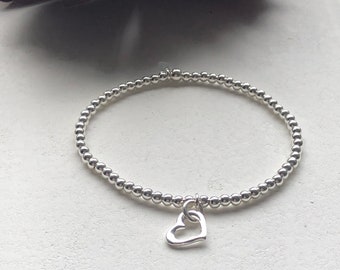 Kugelarmband mit Herz, Sterlingsilber, Freundschaftsarmband, Stretcharmband, Geburtstagsgeschenk