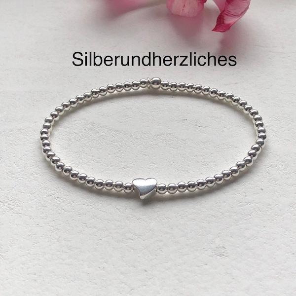 Silberkugelarmband mit Herz, 925 Sterlingsilber, Freundschaftsarmband, Stretcharmband, Geschenke zu Weihnachten, Geburtstagsgeschenk, Herz