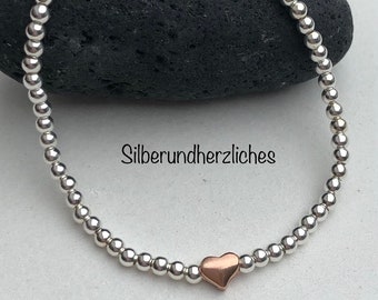 Kugelarmband mit Herz, rosegold, 925 Sterlingsilber, Freundschaftsarmband, Stretcharmband, vergoldet, Geschenk zu Weihnachten, Geburtstag